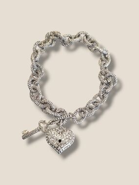 Traci Lynn Silver Crystal Pave Heart & Key Necklace